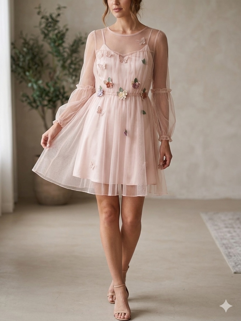 Vintage Fairycore Sheer Tulle Overlay Mini Dress Butterfly Floral 3D Puff Sleeve